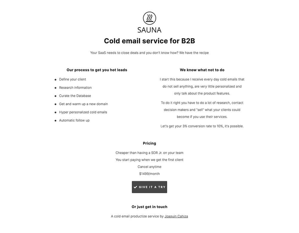 Sauna Productized cold email service